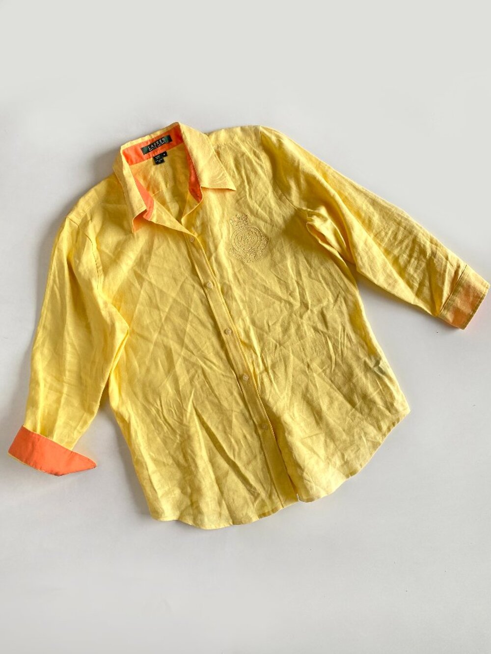 Y2K Lauren Ralph Lauren Linen Shirt M Yellow Orange Trim Button Up Lightweight